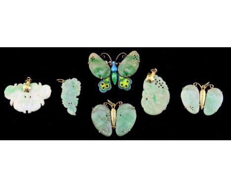 Jade and enamel butterfly brooch, measuring 4.1 x 3.2cm, mount silver gilt, pin and roll catch fitting, with five carved jade