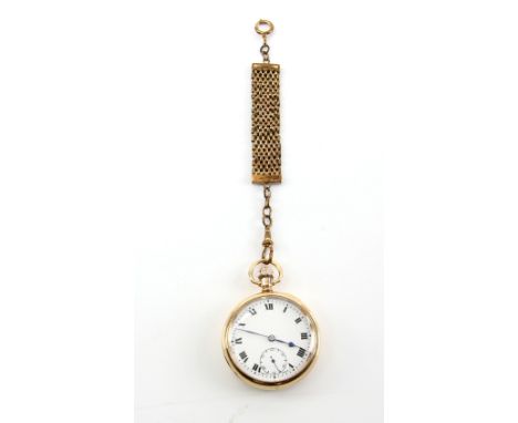 Open faced keyless wind gold pocket watch, enamel dial with Roman numerals, subsidiary dial and minute track, mechanical move