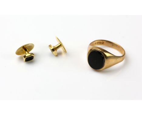 A pair of  gold onyx set  dress studs by Garrard  18 ct, hallmarked Birmingham 1989, markers mark, boxed and a 1970's onyx si