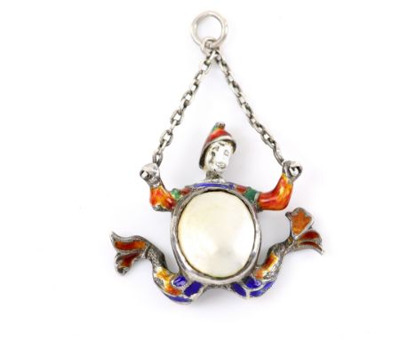 Austro Hungarian pendant in the form of a merman jester, silver and enamel with half pearl, 4.8 cm including chain .   