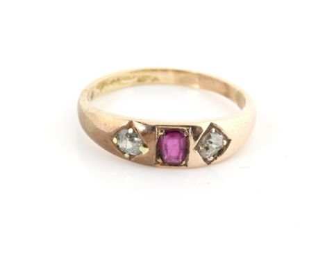 Late Victorian ruby and old cut diamond ring, centrally set oval cut ruby, with two old cut diamonds set either side, mounted