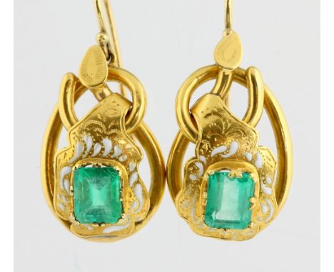 Antique emerald earrings, central step cut emeralds, estimated total weight 2.89 carats, set in ornate engrave panel with whi