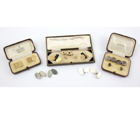 Collection of gentleman's items, including two pairs of boxed engine turned cufflinks, four dress studs, all in 9 ct, two pai