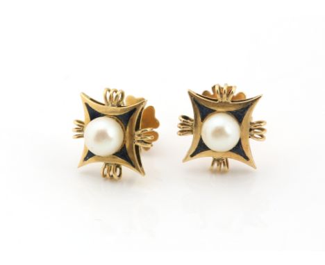 A pair of vintage stud earrings  central white round pearls,  5.5mm in diameter, blue enamel detail, screw back fitting for p