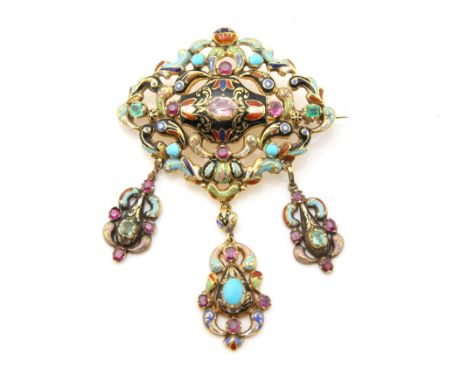  An antique gem set girandole brooch, with enamel decoration and and foiled back stones in pinched setting, measuring 5 x 7.4