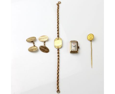 Mixed group of items, gold 1 Dollar mounted as a stick pin, belcher link bracelet with central ornate panel, a pair of engine