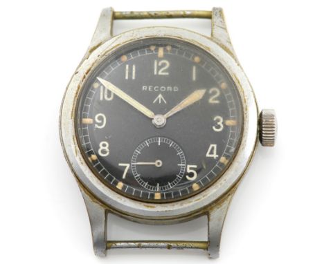 Record. A stainless steel manual wind military wristwatch the   signed black dial with white Arabic numerals, white outer min