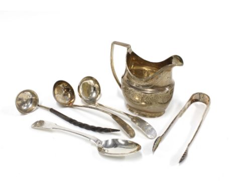 Georgian silver cream jug, two Georgian silver sauce ladles, Georgian silver sugar tongs, A Victorian Scottish silver toddy l