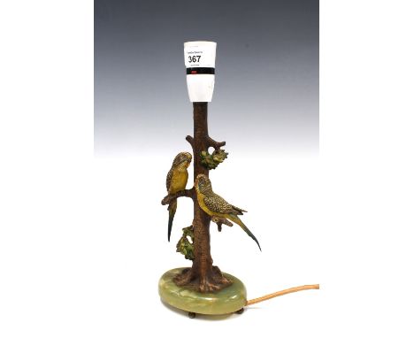 Early 20th century table lamp, unsigned but likely Austrian, in the form of a tree with two cold painted bronze budgerigars, 