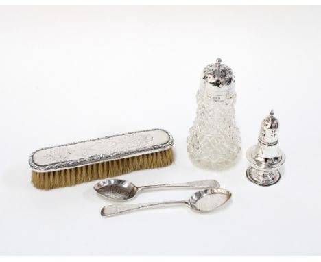 Silver items to include silver topped glass sugar castor, Birmingham 1899, a small Edwardian baluster form castor, Chester 19