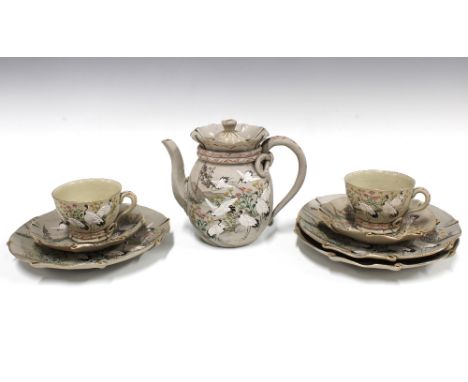 Japanese Banko Ware tete a tete set, moriage decoration of cranes, teapot 15cm (8)