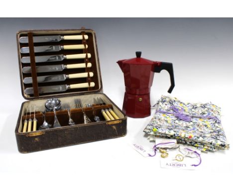 A set of six Liberty floral napkins, a cafetiere and a cased set of vintage cutlery