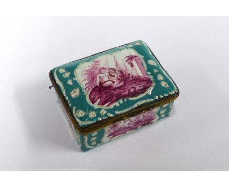 Bilston enamel snuff / patch box, green and white ground with  puce decorated panels, 7cm