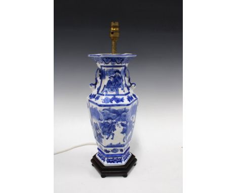 Chinese blue and white table lamp, hexagonal baluster form,  on stylised base, 47cm