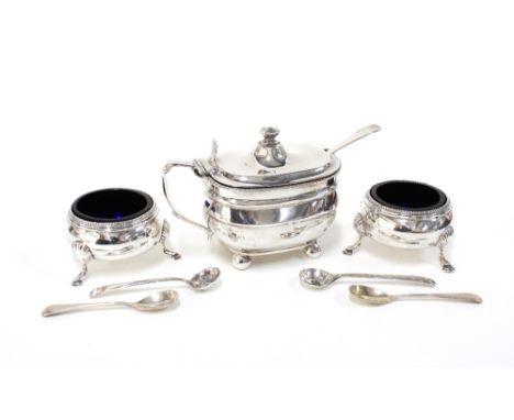 Georgian silver mustard (and later silver condiment spoon), London 1809, a pair of Victorian silver salts, London 1874, all w