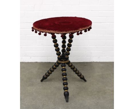 A Victorian  Gypsy table, with bobbin turned ebonised and gilt tripod legs, circular velvet top, 58 x 70cm.