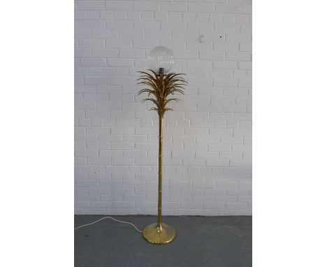 Vintage Hollywood Regency style palm leaf standard lamp with later glass shade, 154cm