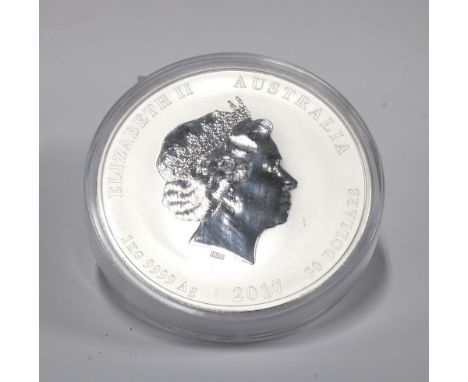 A 2017 Australian $30 1kg 9999 grade silver 'coin', Year of the Rooster, encapsulated.