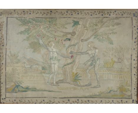 Antique needlework  embroidery of Adam and Eve in the garden of Eden, with stitched Hebrew script, framed under glass, 59 x 4