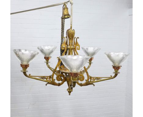 Aesthetic Movement five branch brass chandelier,  originally gas lit, with later glass shades , approx 90 x 60cm.