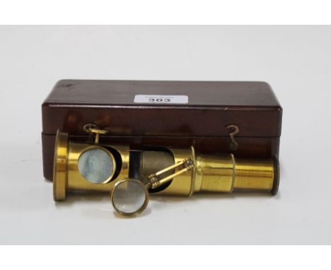 Scientists brass pocket field microscope , 15cm, in mahogany fitted box