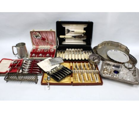 Box containing a quantity of silver plate and Epns wares to include a hip flask, cutlery and trays, etc
