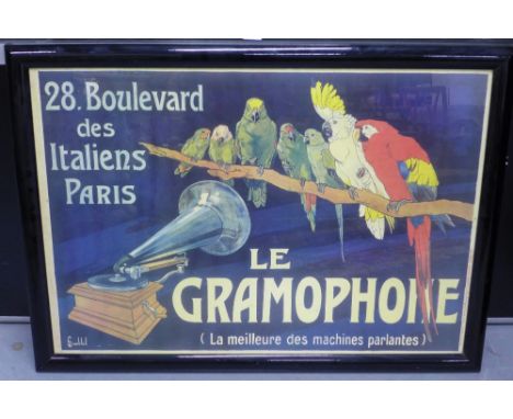 After Bombled, 'Le Gramophone', a large French print, framed under glass, 106 x 77cm