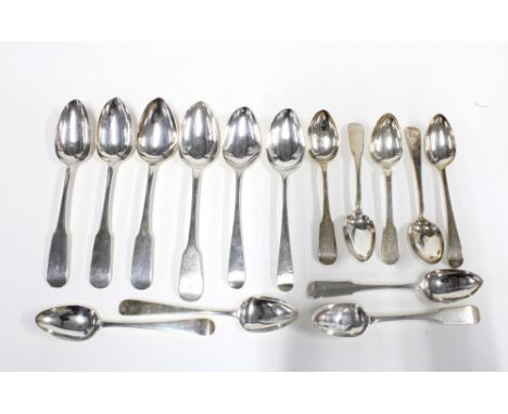 A collection of Georgian silver spoons to include table spoons and dessert spoons, mixed makers and hallmarks (15)