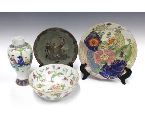 Chinese famille rose vase, Chinese fruit patterned bowl, craquelure glazed dish and a Japanese plate (4)