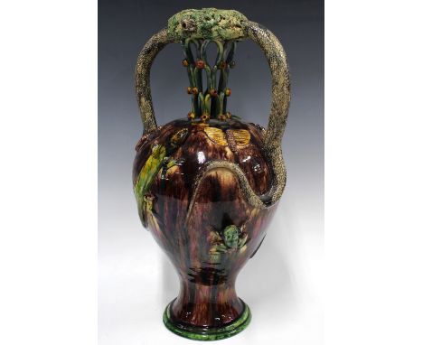 Large Palissy style vase, the handles modelled as snakes, the body applied with lizards and moths, Mafra Cadas, Portugal impr