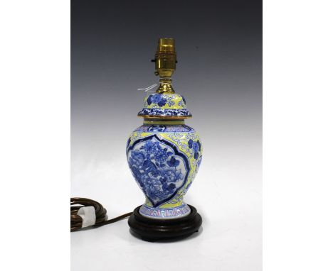 Small Chinese blue and white table lamp with yellow flowers,&nbsp; 28cm