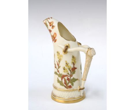 Royal Worcester 'Old Ivory' tusk jug , with antler shaped handle and painted with flowers, 15cm