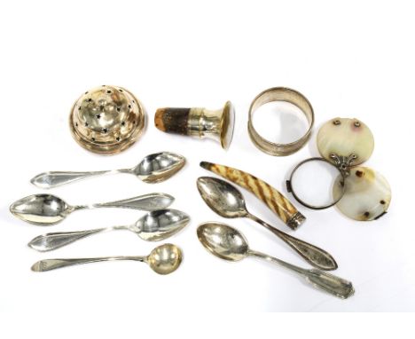 Mixed lot to include a small horn snuff mull with white metal top, Birmingham silver napkin ring, six silver spoons with vari