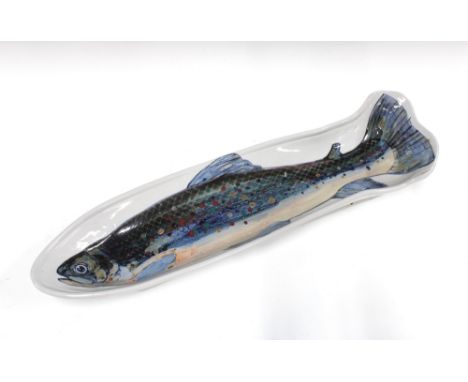 A large Highland stoneware fish platter, handpainted, 64cm