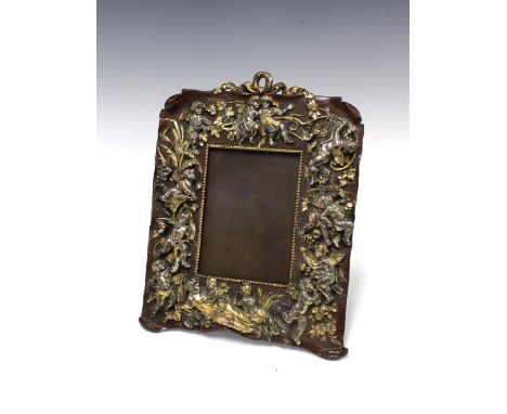 Bronze patinated metal photograph frame, with cherubs in silver plate and gilt, 30 x 23cm