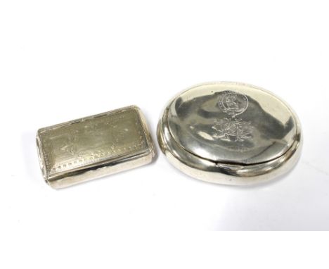 Early 20th century silver snuff box by Walker &amp; Hall, 8cm, together with an earlier white metal snuff box, (2)