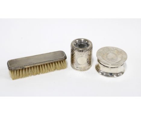 A collection of early 20th century Birmingham silver to include a circular trinket box, silver backed brush and a jar with gl
