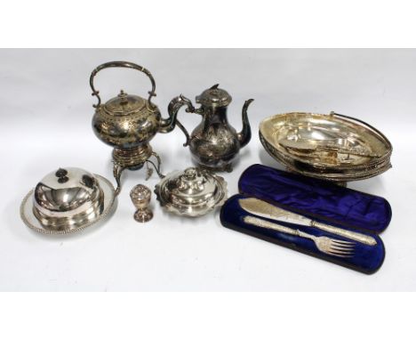 Box containing a quantity of silver plate and Epns wares to include a spirit kettle, coffee pot and  fish servers, etc