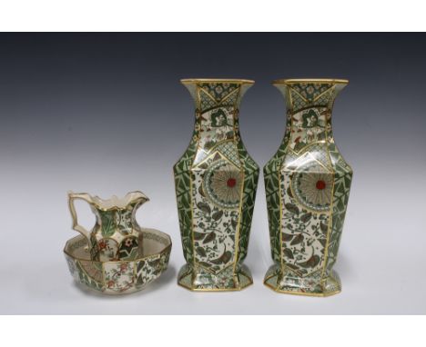 Two Masons Ironstone Applique pattern vases, 33cm, together with a small jug and bowl in the same pattern, (4)