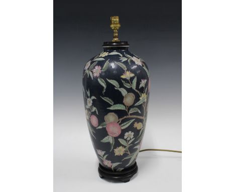 Chinoiserie table lamp, with plums and foliage on a dark navy field, 52cm