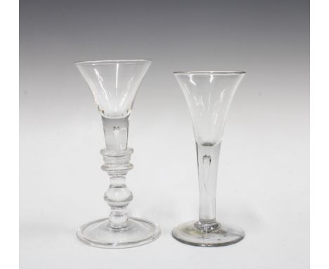 A georgian baluster knop stemmed cordial glass with teardrop inclusion, 17cm, together with another Georgian glass with drawn