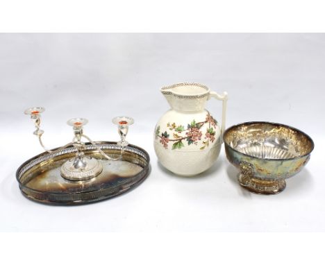 Silver plated candelabra, 37 x 20cm, together with a silver plated tray, bowl, and Staffordshire jug (4)