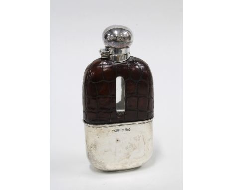 Victorian silver mounted glass and leather hip flask by James Dixon, Sheffield 1895, 13cm