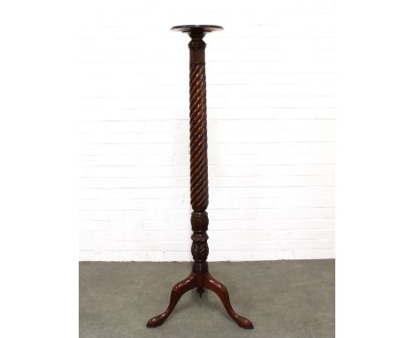 Mahogany torchere stand, fluted column with stiff leaf carving and tripod legs, 26 x 150cm.
