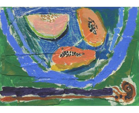 
	
		Rosa Roberts 
		Still life on blue bowl with violin, 2021
		Mixed Media on Paper
		Signed on verso
		10 x 15cm (3¾ x 5¾ 