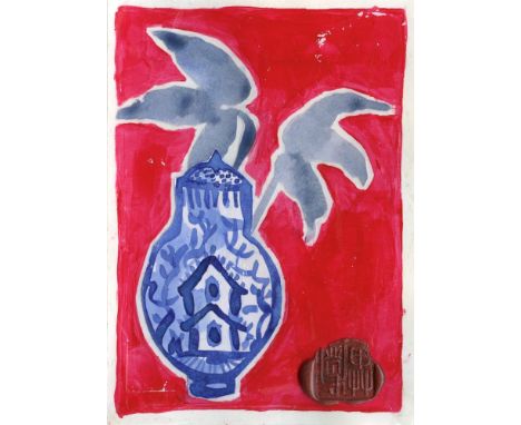 
	
		Ruth Waldron
		Ginger Pot, 2021
		Acrylic and Ink on Paper Collage plus Wax Seal
		Signed with a wax seal on front and v