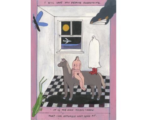 
	
		Maisie Cowell
		I will love you despite everything, 2021
		Acrylic and Biro on Paper
		Signed on verso
		15 x 10cm (5¾ x