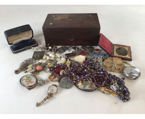 Costume jewellery a daguerreotype, pocket watch and more. 