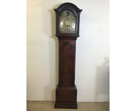 A 19th century mahogany longcase arched dial, gilt spandrels with sailing ship automaton to arch Signed Hill Grimsby.H:213cm
