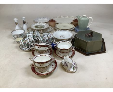 A mixed collection of ceramics to include Royal Doulton fish plates, Royal Worcester soup cups and saucers, a Poole tea pot a